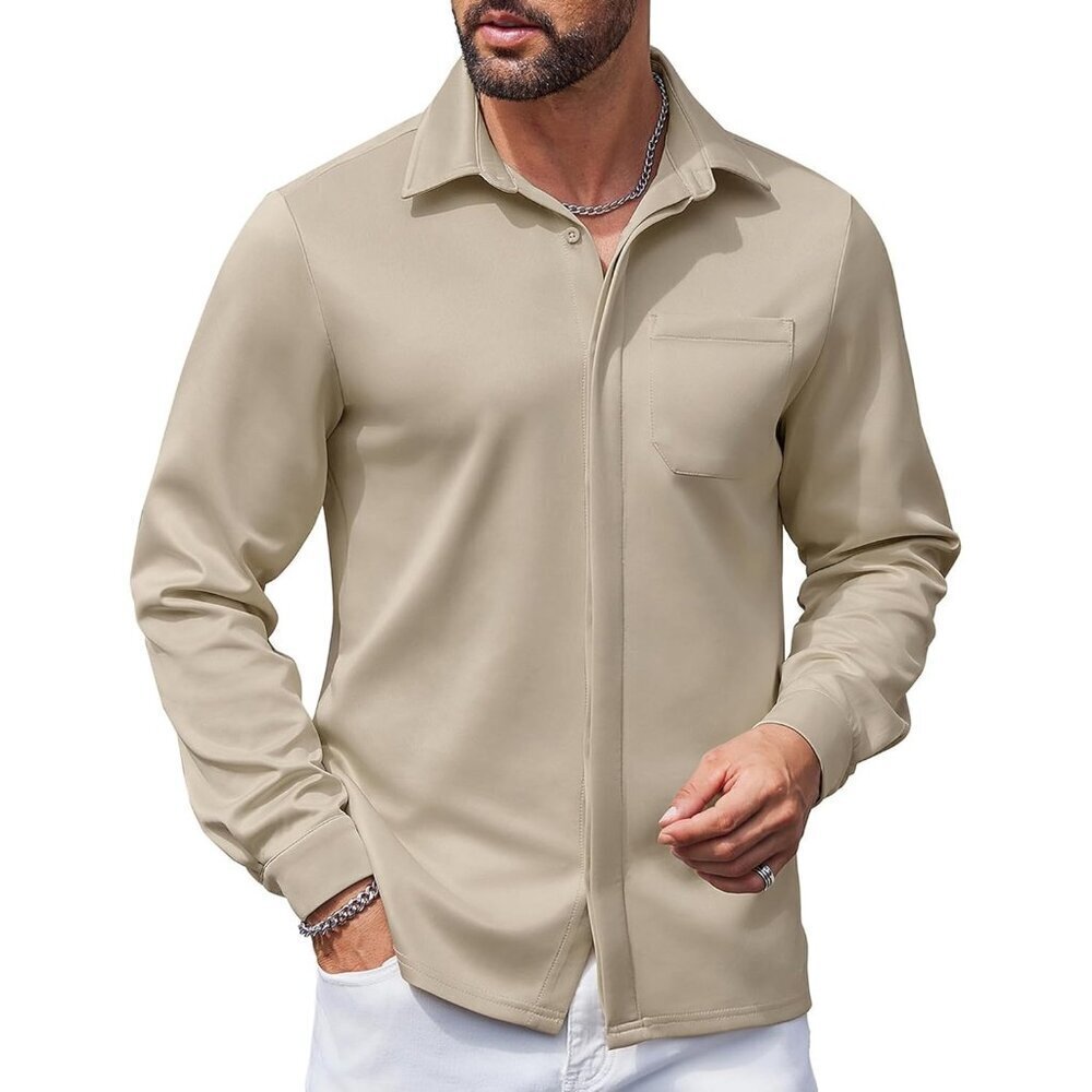 Khaki Men's Long Sleeve Wrinkle Free Casual Button Down Untucked Dress Shirt